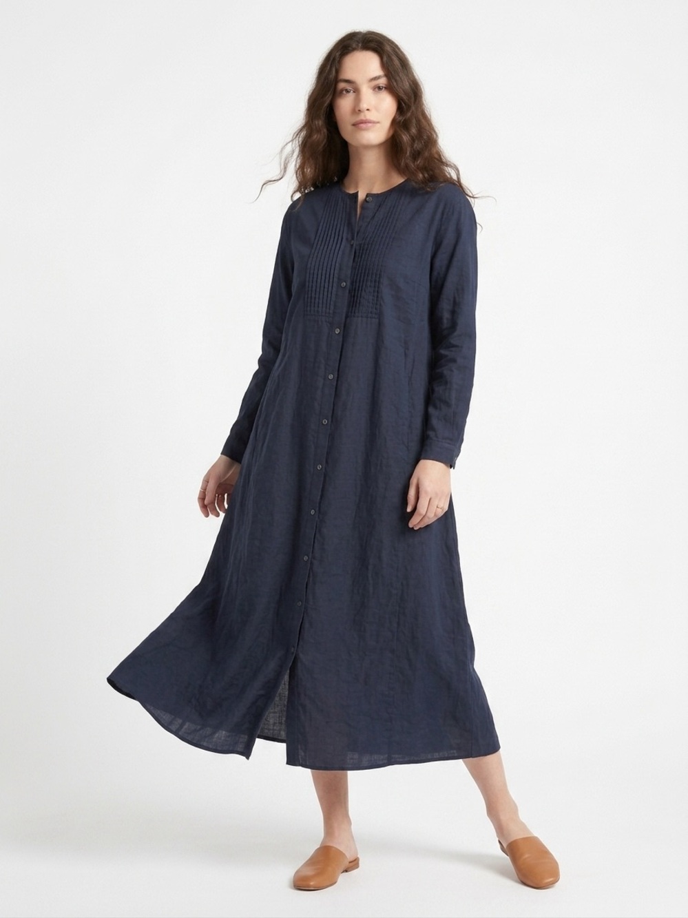 Uniqlo Ines de la Fressange Navy Pintuck Dress L Prairie Cottagecore French Chic